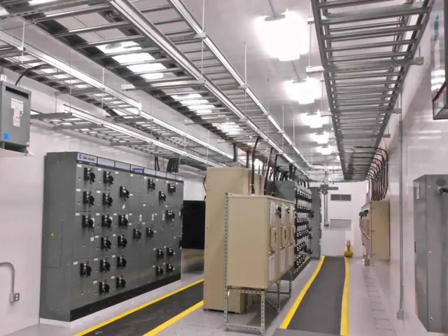 Electrical switchgear room with overhead cable trays