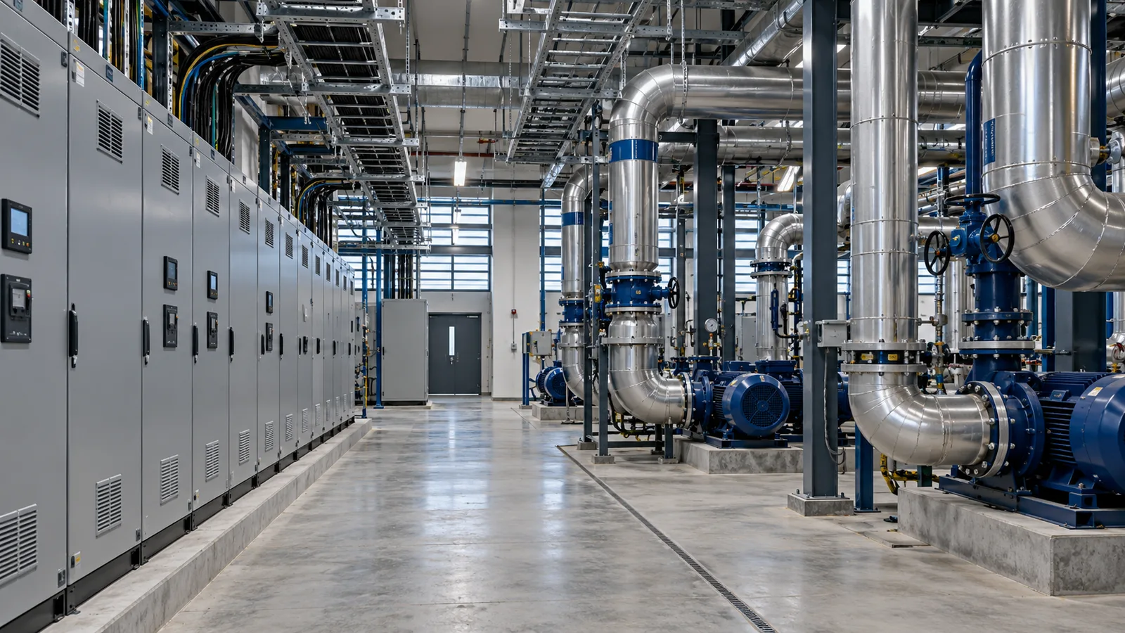 Concept visual of coordinated electrical switchgear and HVAC plant in a commercial building