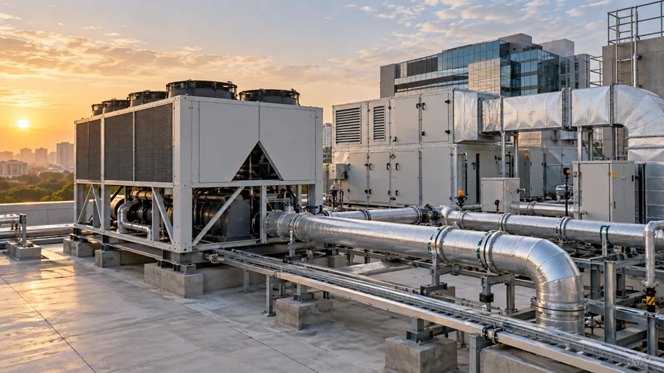 Concept illustration of commercial rooftop HVAC equipment and insulated pipework