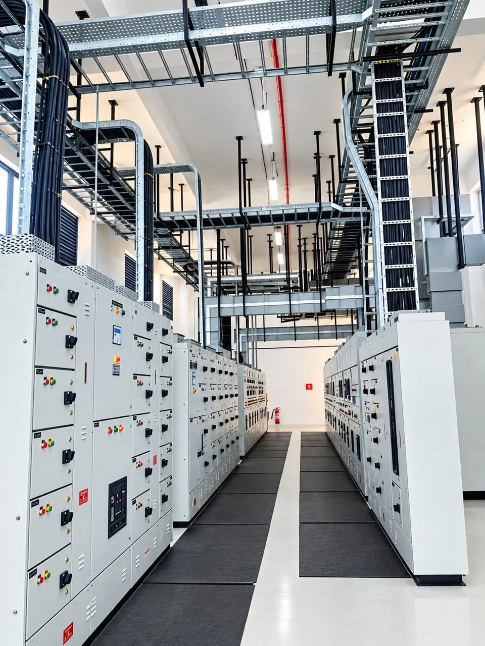 Electrical switchgear room with overhead cable trays